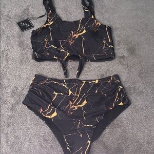 Black and orange marble high-waisted bikini